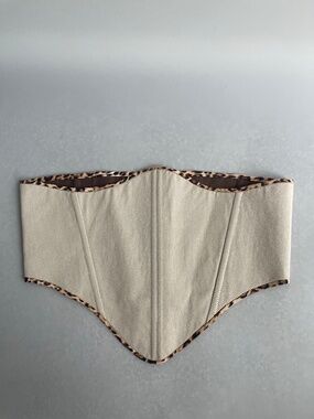 Beige Denim Underbust Corset Top Leopard Trim XL Lace Up